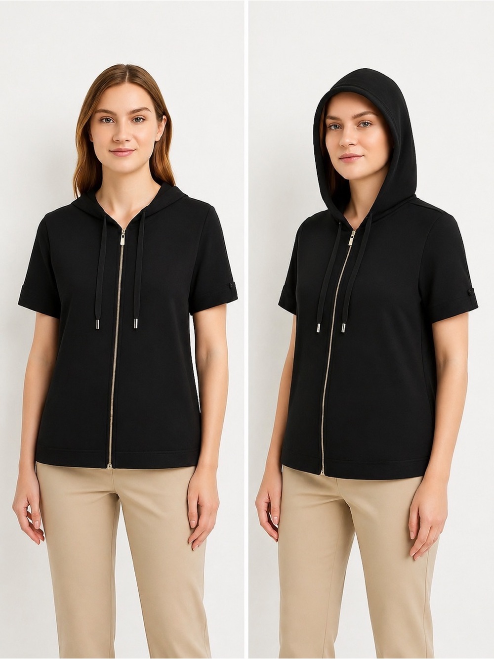 TALBOTS Black Short Sleeve Zip Hoodie Gold Hardware Women’s Medium